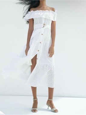 Zara White Off-Shoulder Eyelet Maxi Dress